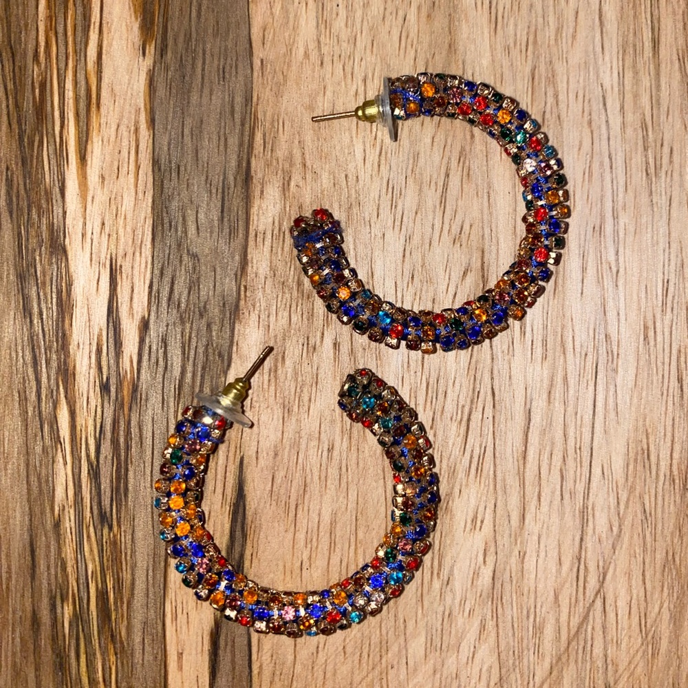 Multicolored Rhinestone Hoop Earrings - Picture 3 of 4